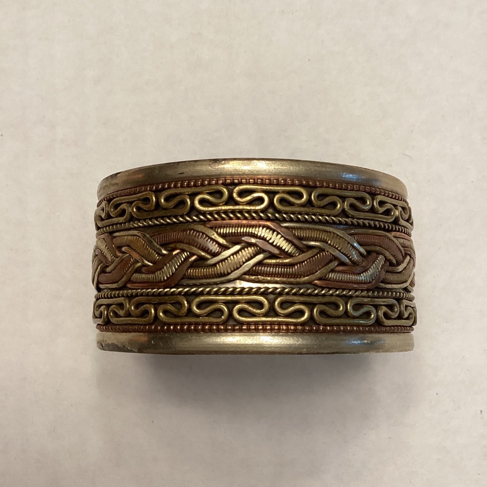 Two tone braided brass and copper cuff bracelet